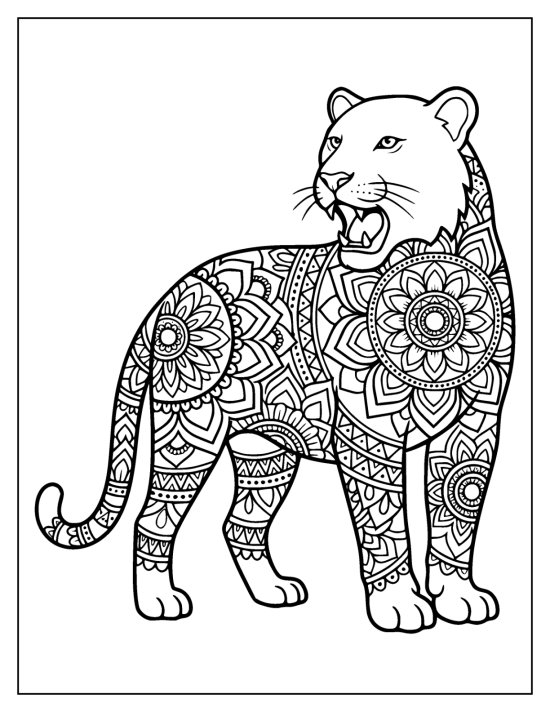 Tiger standing and roaring with jaws open and flower medallions on the body, coloring page