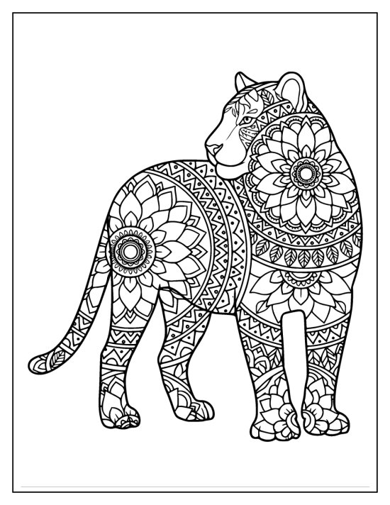Tiger standing in profile with layered petal bands down the legs, mandala