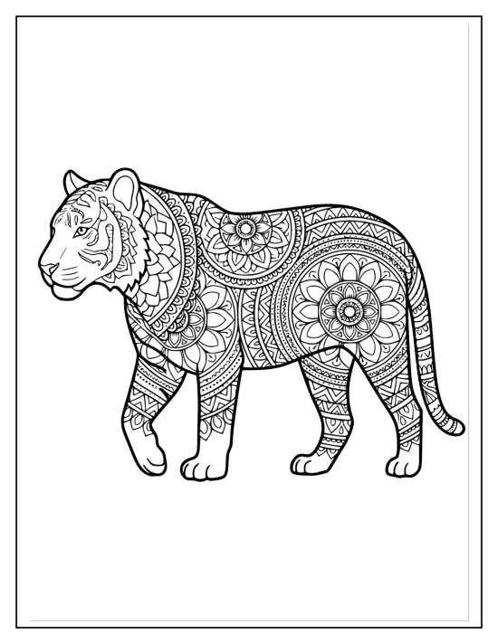 Tiger walking in profile with a lightly patterned head and body mandalas, coloring sheet