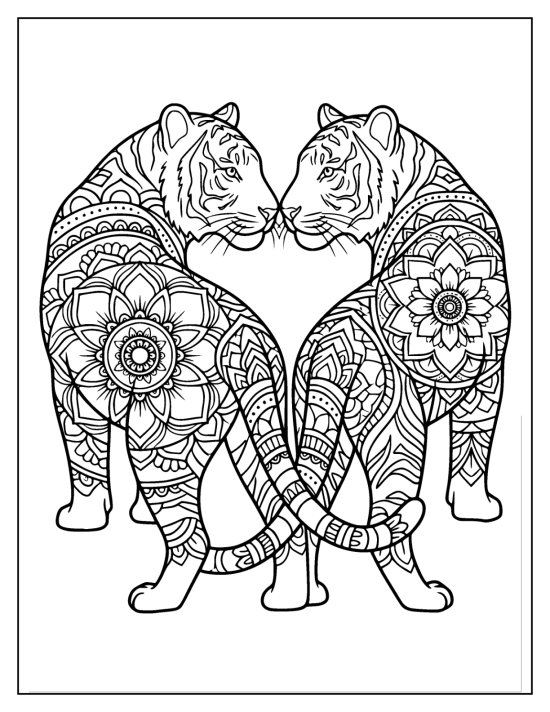 Two tigers standing face to face with patterned bodies and tails curving together, mandala
