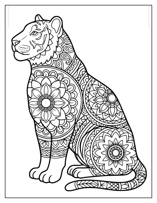Tiger sitting tall with a large flower mandala on the chest, coloring page