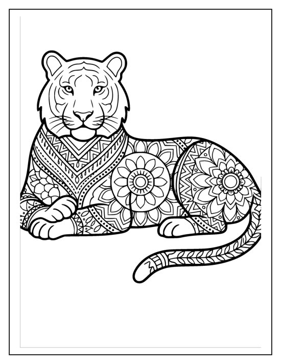 Tiger lying at rest with a clear striped face and mandala medallions, coloring sheet