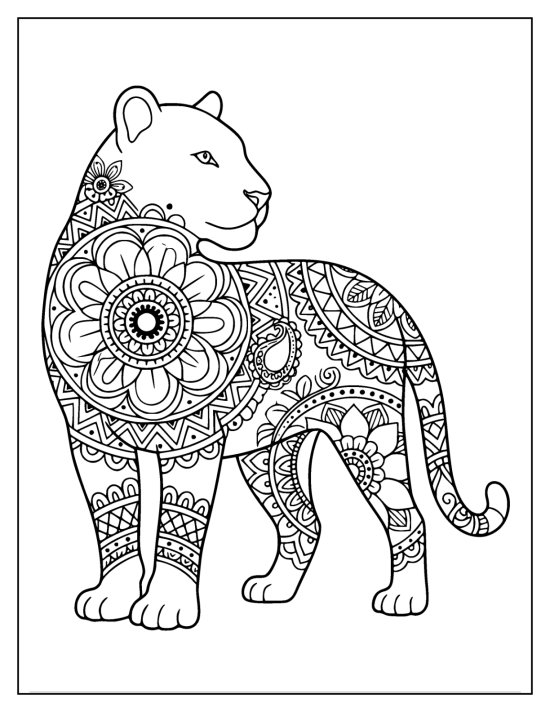 Tiger standing in profile with big flower medallions across the body, mandala