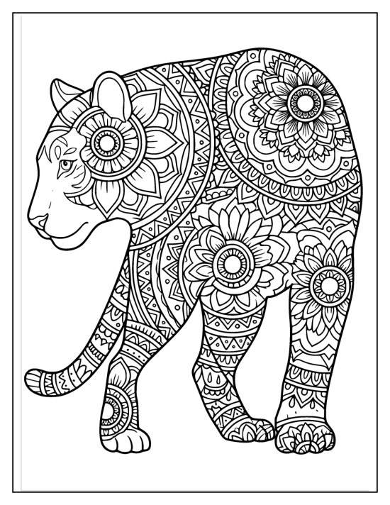 Tiger in a low prowling stance with mandala patterns across the body, coloring sheet
