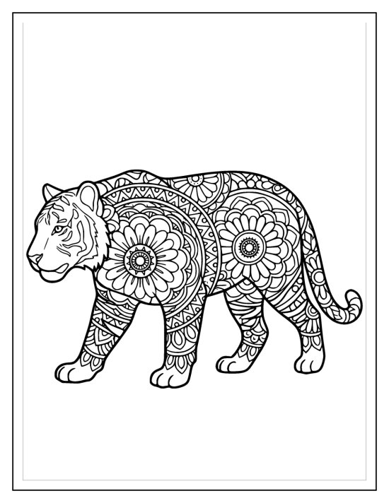 Tiger walking in profile with mandala medallions across the body, coloring page