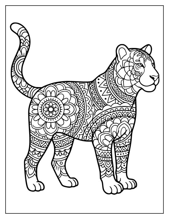 Tiger standing with tail raised and dense mandala patterns on the body, mandala