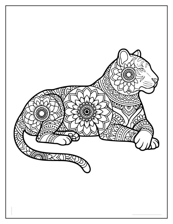 Tiger lying at rest in profile with mandala medallions on the body, coloring sheet