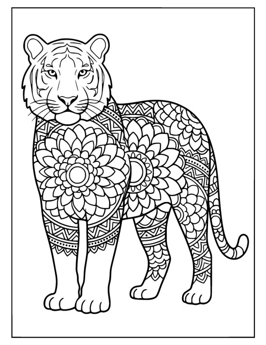 Tiger standing with a clear face and a giant flower mandala on the chest, mandala