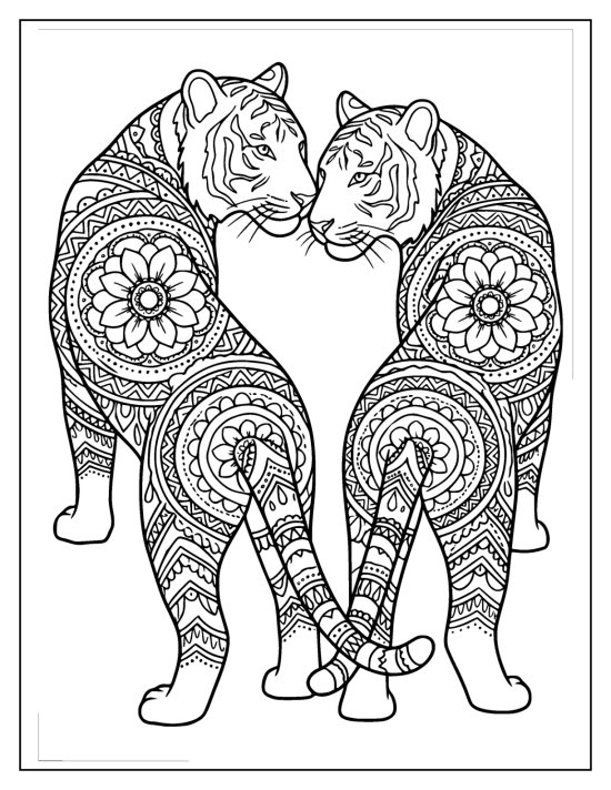 Two tigers standing head to head with patterned bodies and tails curving together, coloring page