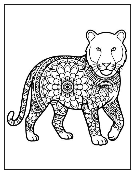 Tiger walking with a clear face and a large mandala on the shoulder, coloring sheet