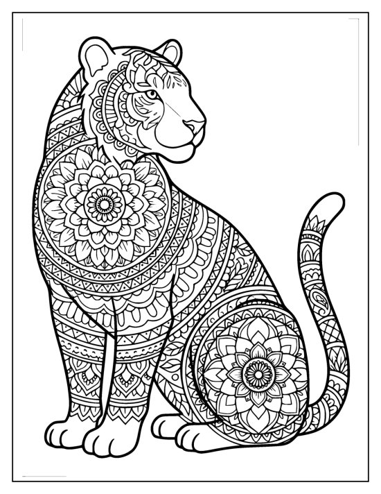 Tiger sitting with a lightly patterned head and mandala medallions on the body, mandala