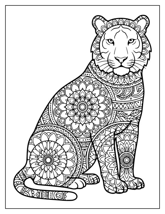 Tiger sitting with a clear striped face and big mandala medallions on the body, mandala