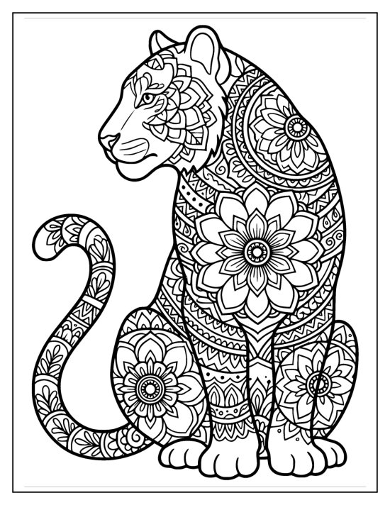 Tiger sitting with a curling tail and big flower medallions on the body, coloring sheet