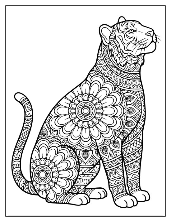 Tiger sitting in profile with a clear face and big flower medallions, mandala