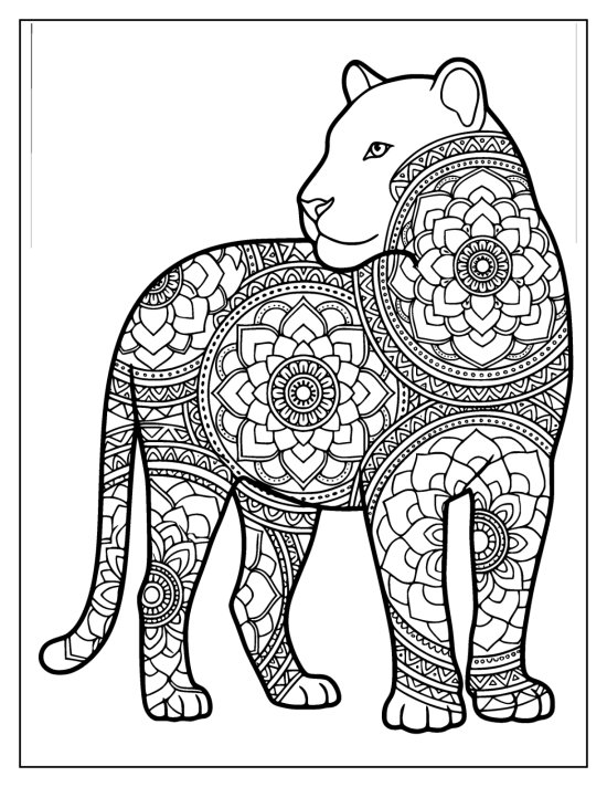 Tiger standing square in profile with mandala medallions along the body, coloring page