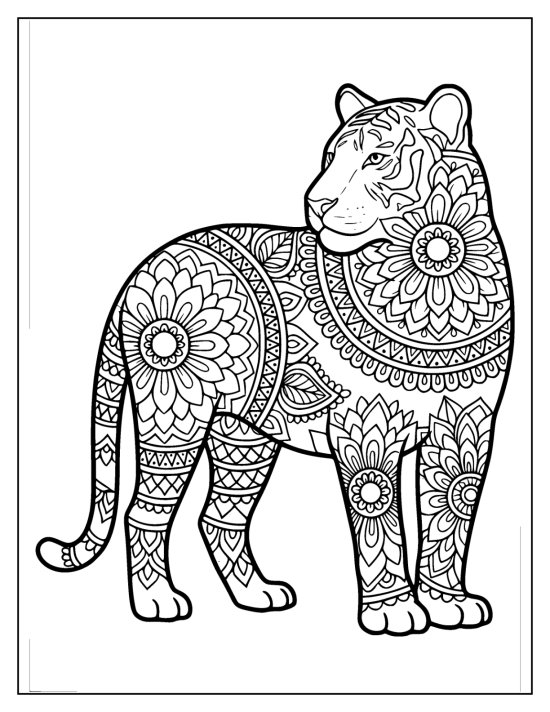 Tiger standing alert in profile with petal patterns on the flank, coloring sheet