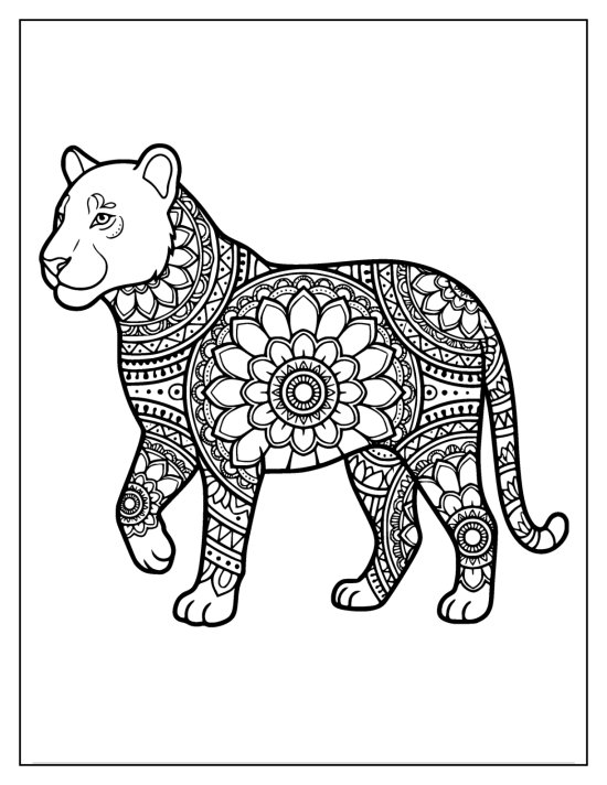Tiger standing with one front paw lifted and mandala patterns over the body, coloring page