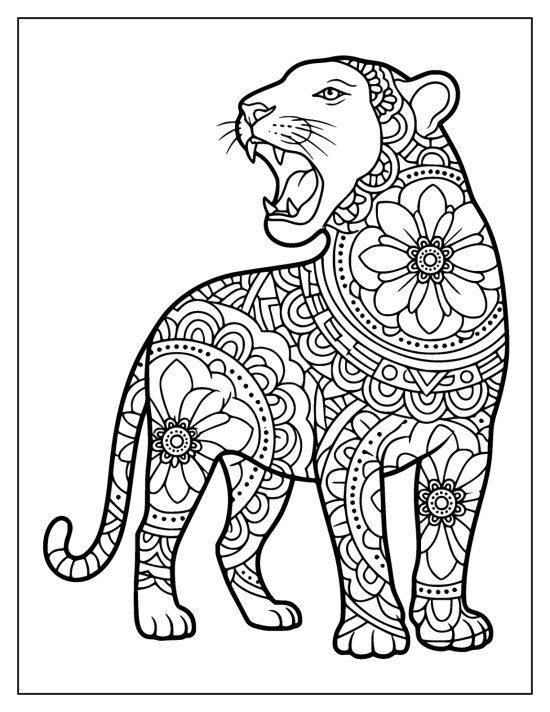 Tiger standing and roaring with concentric mandala bands down the chest, coloring sheet