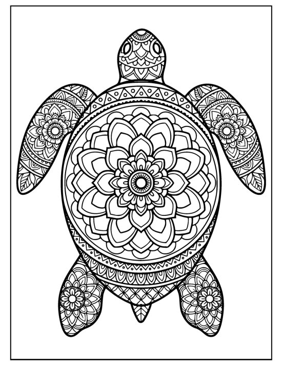 Top down turtle with flippers angled down and a geometric ringed shell, coloring sheet