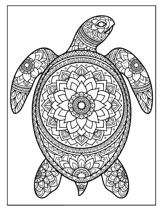 Sea turtle stretching its head forward with flippers swept back and floral shell, mandala