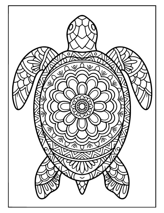Turtle with flippers curving outward and concentric petal bands on the shell, coloring page