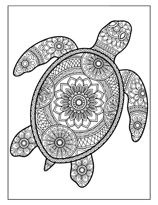 Sea turtle drifting with relaxed flippers and a bloom centered shell, coloring sheet