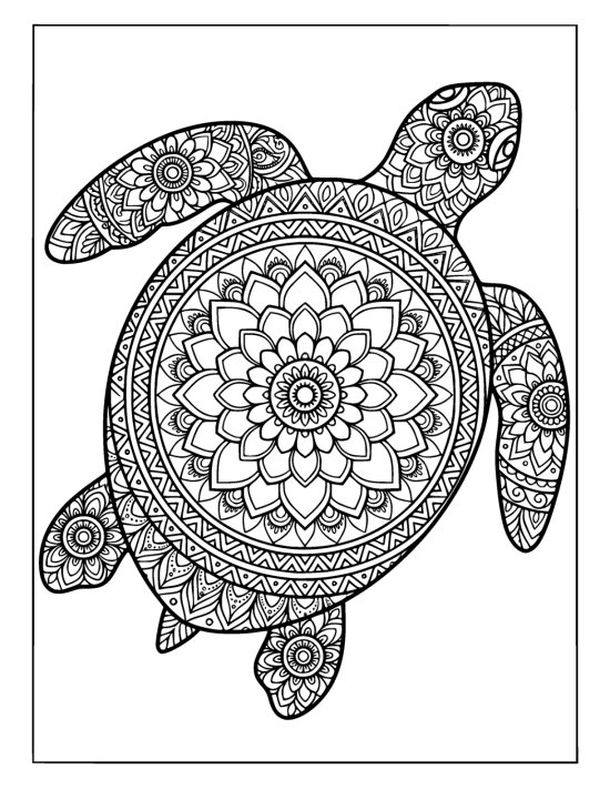 Sea turtle gliding straight with flippers tucked and a flower filled shell, coloring page