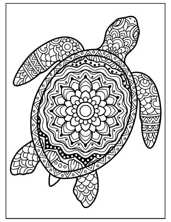 Sea turtle with head raised and flippers spread around a floral shell, coloring page