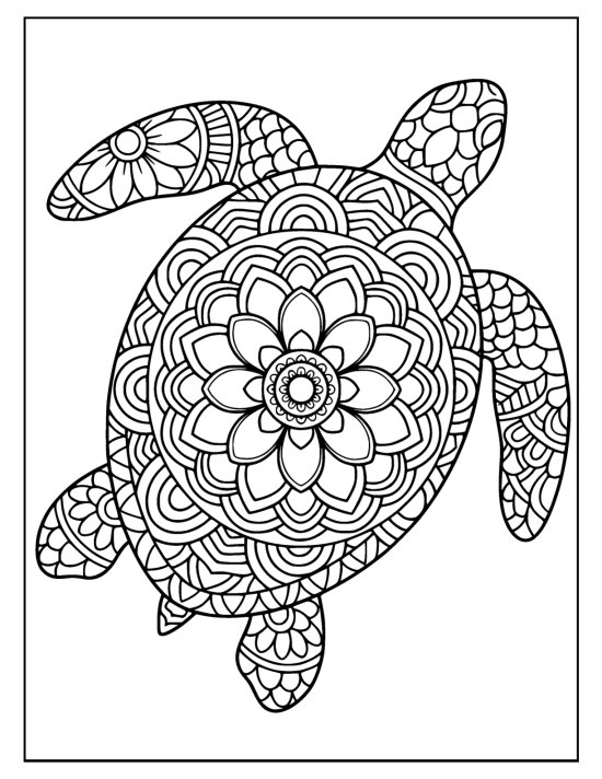 Sea turtle gliding with flippers spread wide and a flower filled shell, coloring page