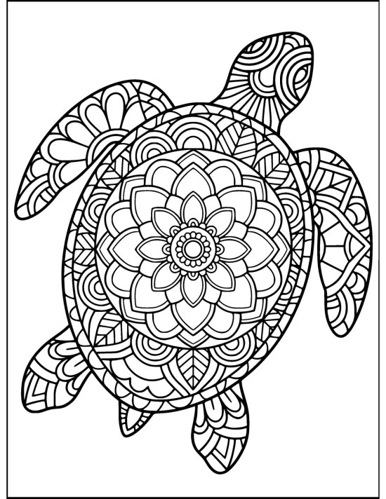 Sea turtle in a steady level glide with a concentric ringed shell, mandala