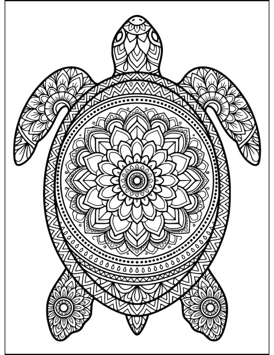 Turtle reaching front flippers up and out with a floral medallion shell, coloring page