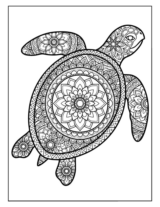 Side view sea turtle gliding low with a domed shell and trailing flippers, mandala