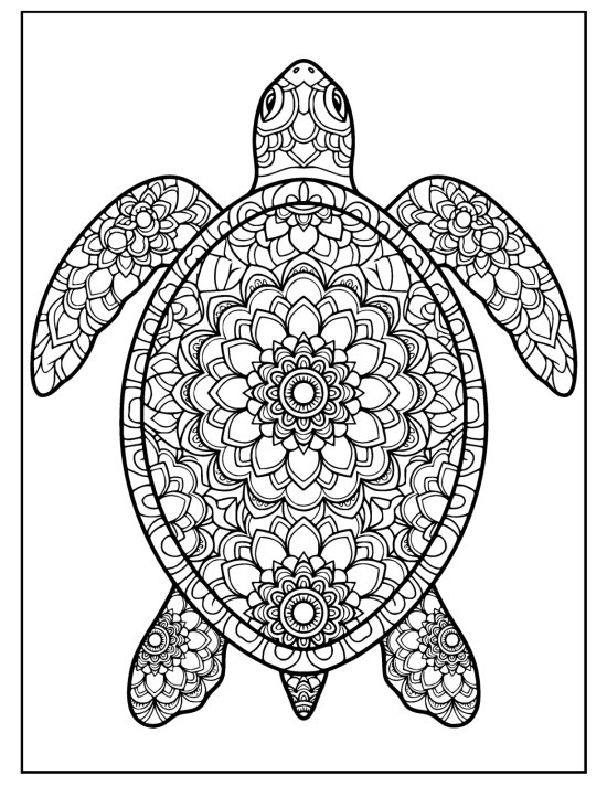 Sea turtle with flippers stretched wide and flat over a mandala shell, coloring sheet