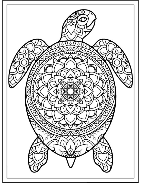 Sea turtle with front flippers raised and concentric petal rings on the shell, coloring sheet