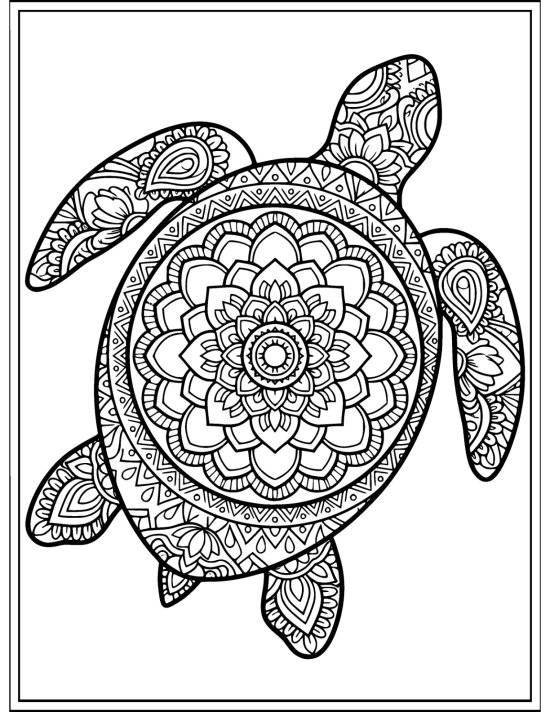 Turtle in a strong forward stroke with a dense mandala shell, coloring page