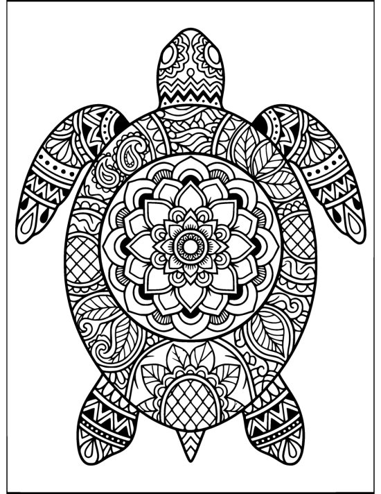Top down turtle with flippers angled back and a layered mandala shell, mandala