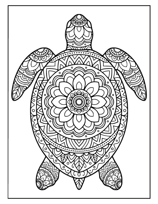 Sea turtle reaching front flippers forward with a patterned domed shell, coloring page