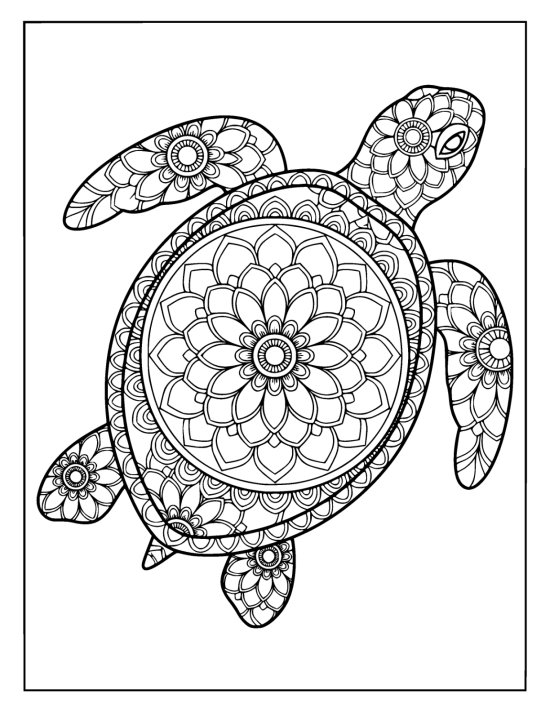 Turtle in a calm flat glide with a big bloom centered on the shell, coloring sheet