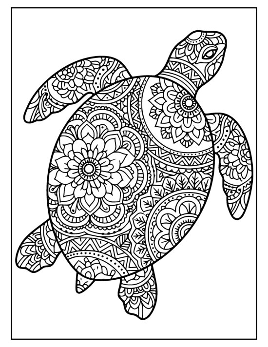 Sea turtle paddling with offset flippers and a rosette filled shell, mandala