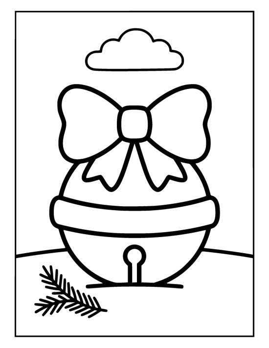 Large round jingle bell with a wide band and a bow on top, standing on snowy ground on a coloring page