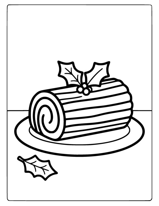 Rolled yule log cake with bark ridges and a holly sprig on top, on an oval plate on a coloring sheet