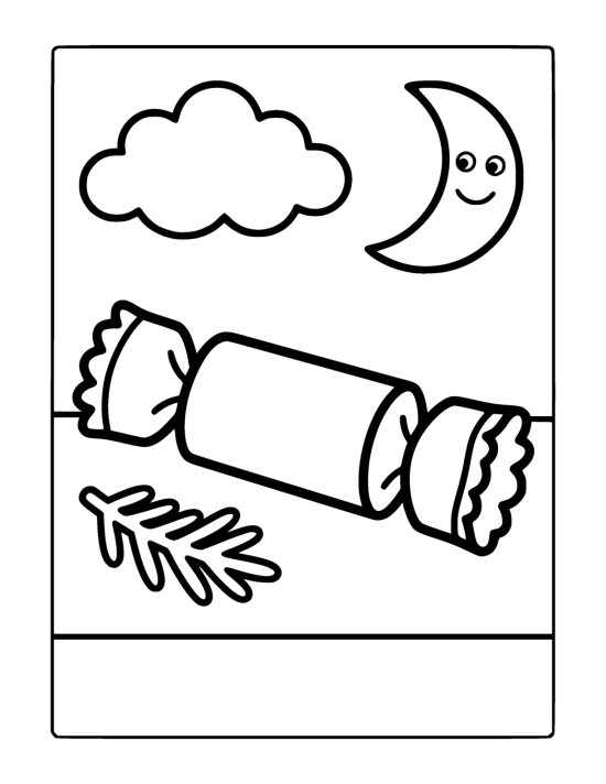Paper cracker with a frilled twist at each end lying below a smiling moon and a cloud on a coloring page