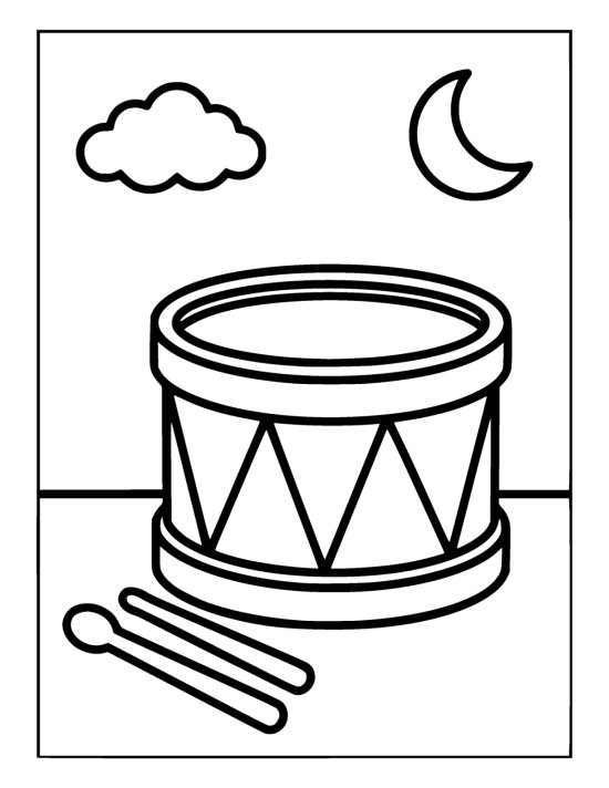 Round toy drum with a zigzag band and two drum sticks lying beside it on a coloring sheet