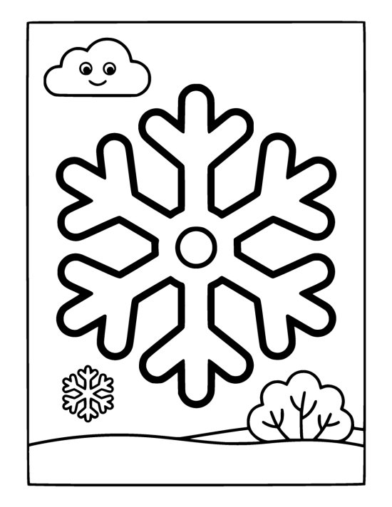 Enormous six armed snowflake with thick rounded arms floating above snowy ground on a coloring page
