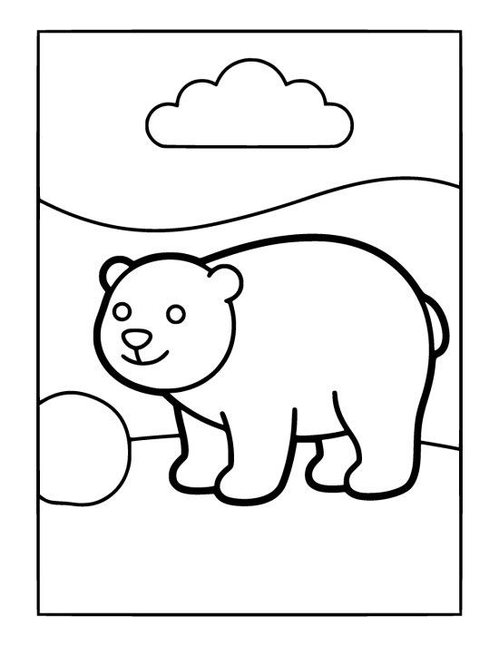 Round polar bear cub standing on snowy ground beside a snowball below a cloud on a coloring sheet