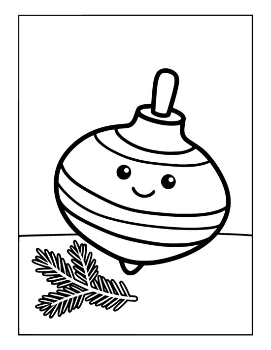 Wooden spinning top with three thick bands and a short handle standing beside a fir sprig on a coloring page