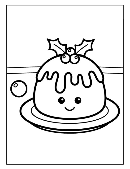 Round Christmas pudding with a wavy sauce top and a holly sprig, on a plate on a coloring sheet