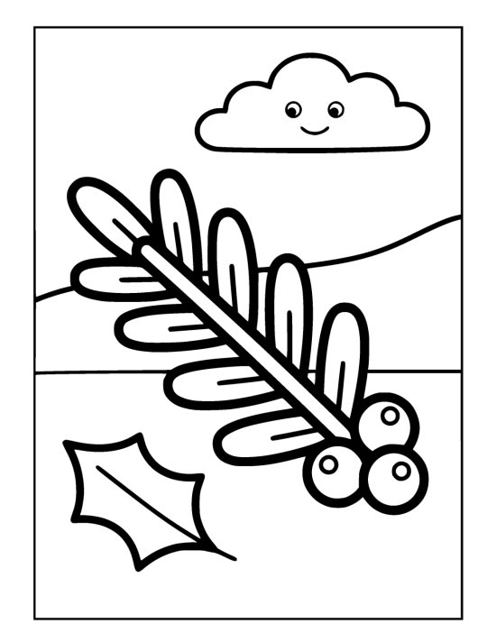Large flat fir sprig with paired leaf blades and three round berries beside a holly leaf on a coloring page