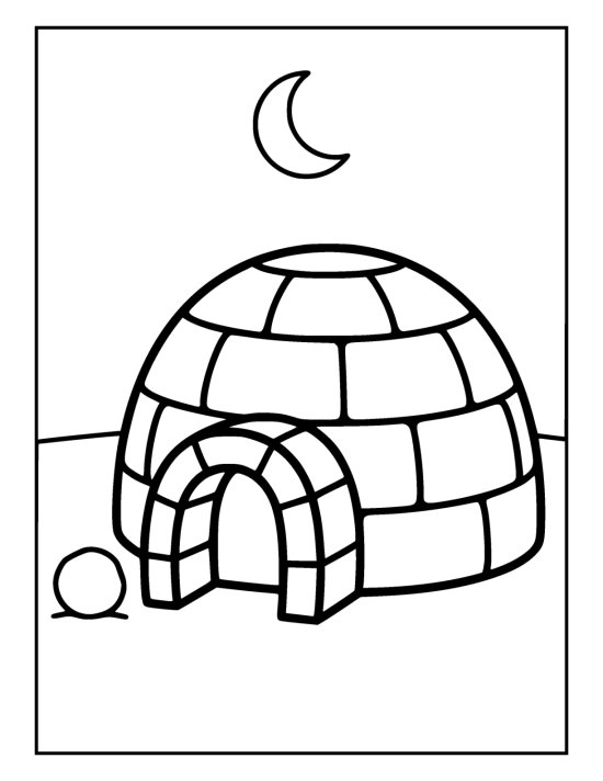 Rounded igloo of thick curved blocks with an open arched entrance below a crescent moon on a coloring sheet