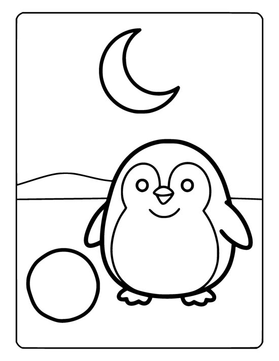 Round penguin chick with two short flipper wings standing on snow below a crescent moon on a coloring page